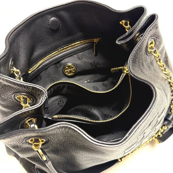 Tory Burch Thea Chain Slouchy Shoulder Bag $495 black/gold logo tassels divided - Picture 9 of 14